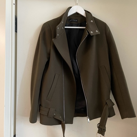 Zara Olive Asymmetrical Moto Jacket with Belt - Picture 2 of 4
